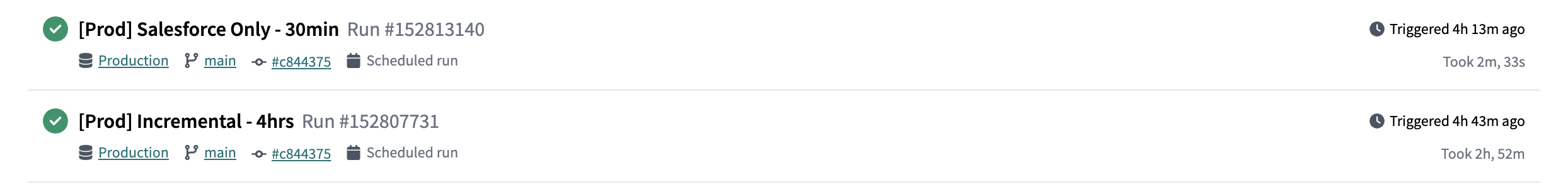 The dbt Cloud UI displaying a Run History The dbt Cloud UI displaying a Run History